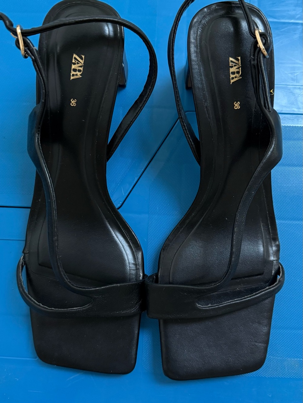 Zara Black Minimalist Square-Toe Sling Heels - Picture 1 of 6